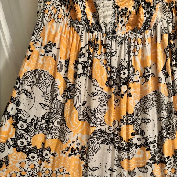 Modcloth Boho on the Range Smocked Faces Print M Peach/Orange & Black Maxi Dress - Picture 2 of 5